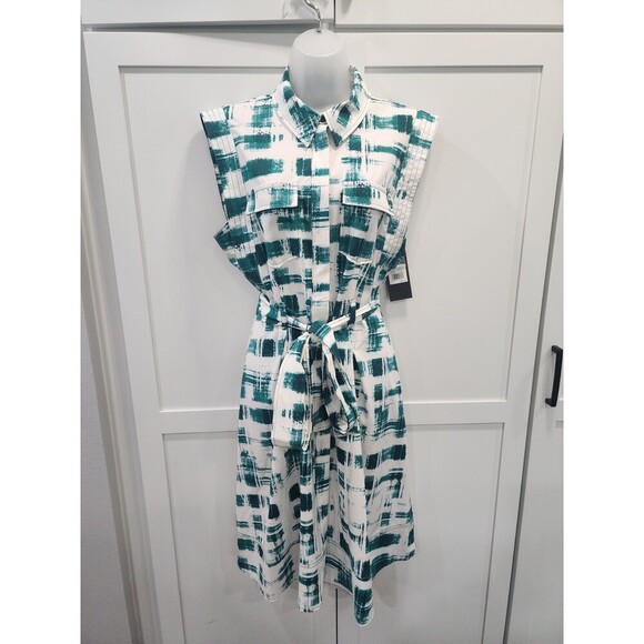 Andrew Marc Dresses & Skirts - NEW ANDREW MARC WOMENS BELTED SHIRT DRESS SIZE 10 Green White Button Up